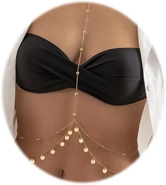 Sexy Sequins Crossover Bikini Body Chain Gold-toned Bra Waist Chain Summer Beach Layered Summer Beach Belly Chain for Women Body Jewerly