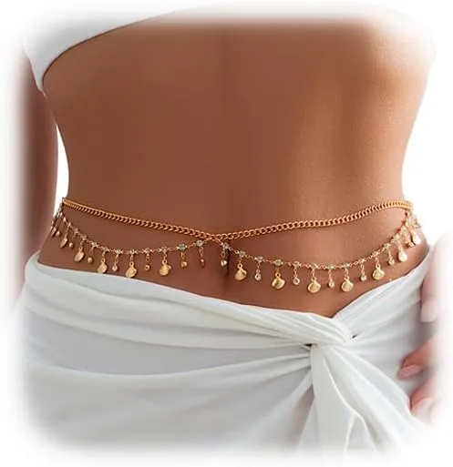 Sexy Shell Pendant Rhinestone Waist Chain Bikini Metal Tassel Belly Chains Necklace Summer Beach Crystal Body Chain Multi-layered Waist Body Jewelry for Women