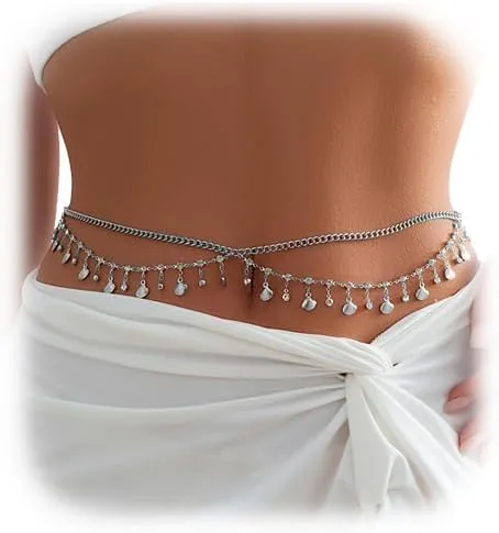 Sexy Shell Pendant Rhinestone Waist Chain Bikini Metal Tassel Belly Chains Necklace Summer Beach Crystal Body Chain Multi-layered Waist Body Jewelry for Women