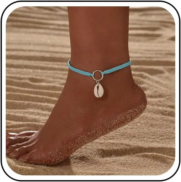 Shell Anklet Bracelet Blue Braided Rope Anklet Adjustable Handmade Shell Anklet Waterproof String Ankle Bracelets Seashell Foot Anklet Summer Beach Feet Chain Foot Jewelry for Women