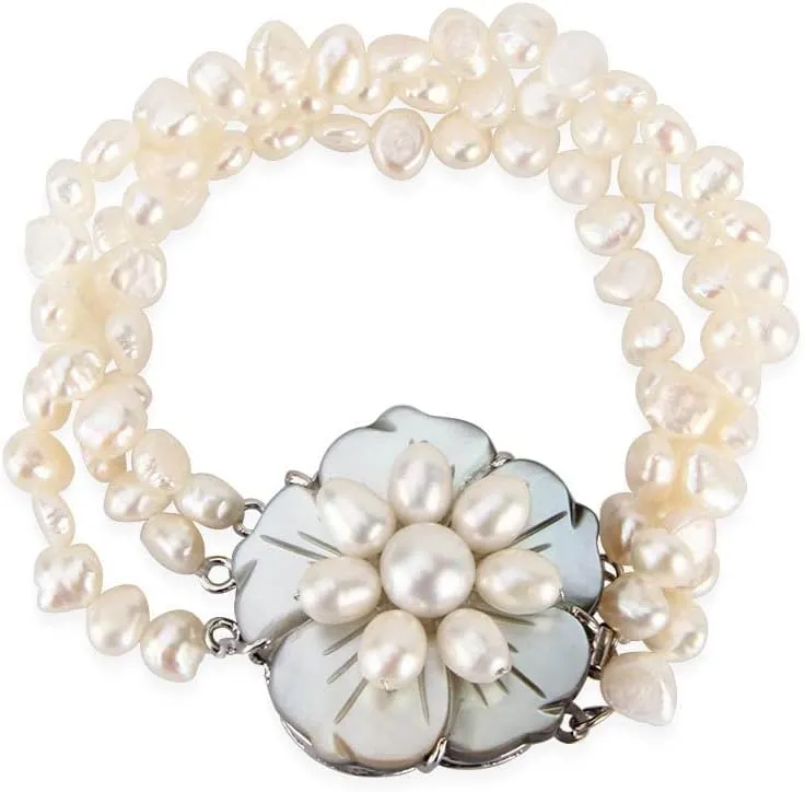 Shell Flower Clasp Bracelets 3-Row White Beaded Freshwater Cultured Baroque Pearl Adjustable Strand Handmade Bracelets for Women