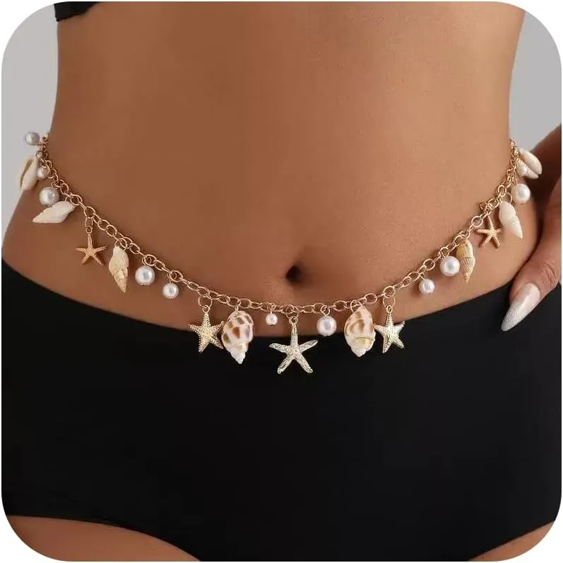 Shell Waist Chain for Women Trendy Conch Shell Starfish Belly Chain Seashell Sea Star Pearl Body Jewelry Summer Beach Bikini Belly Jewelry Accessories