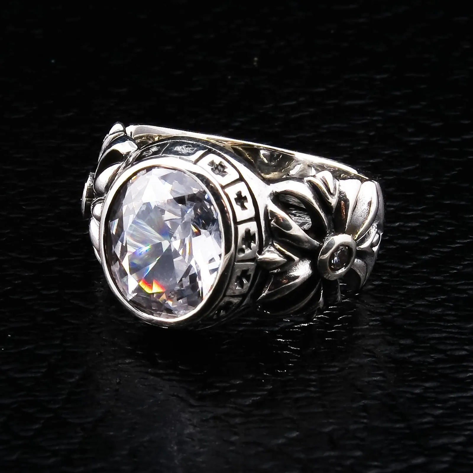Silver Diamond Cross Biker Ring