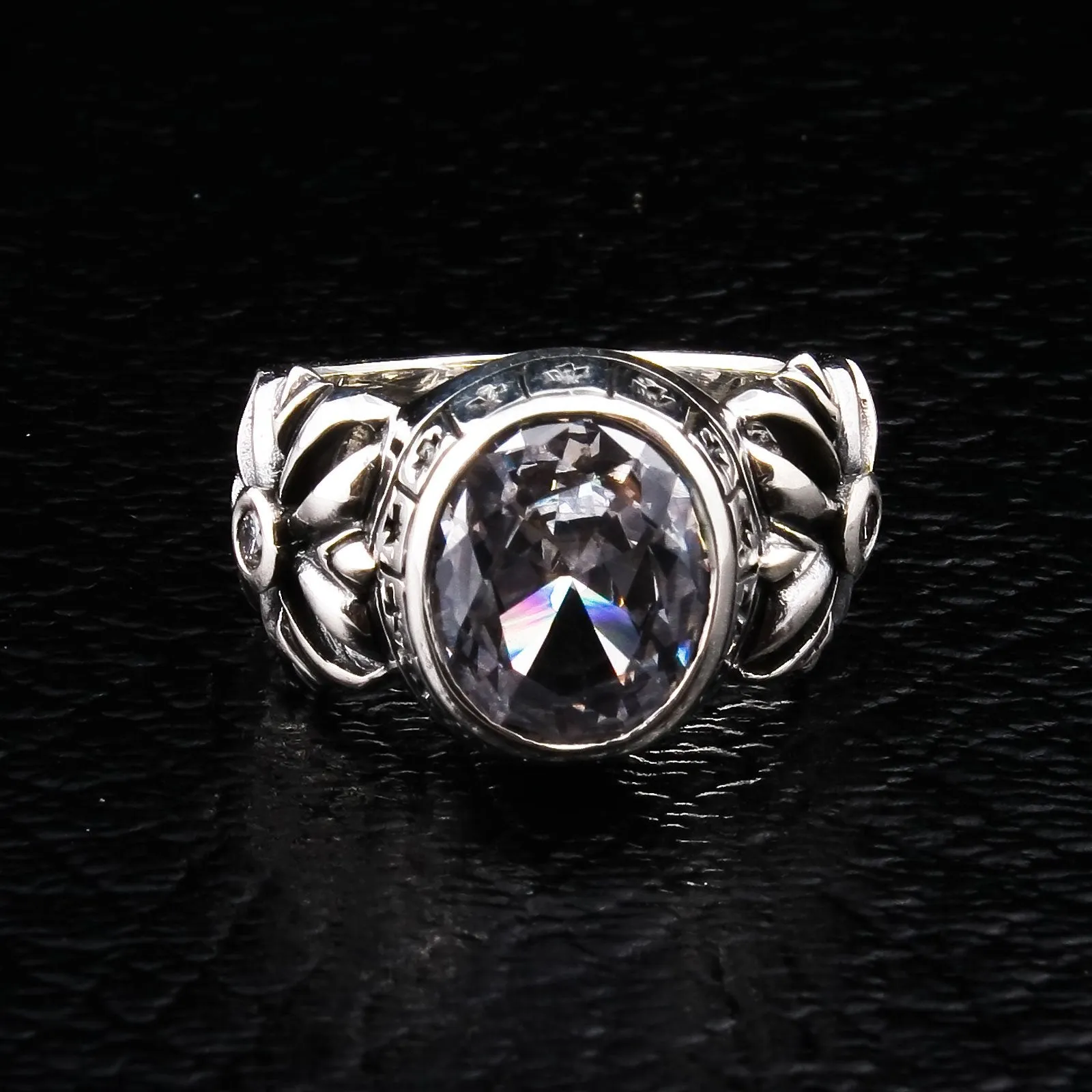 Silver Diamond Cross Biker Ring