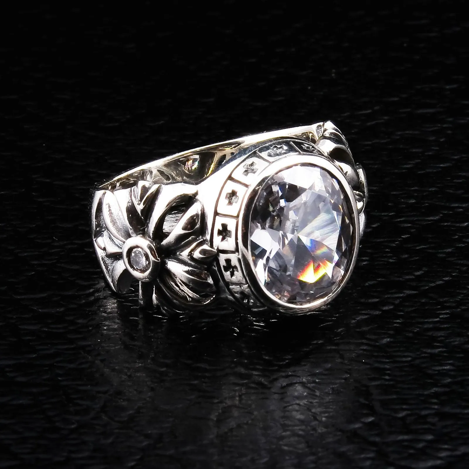 Silver Diamond Cross Biker Ring