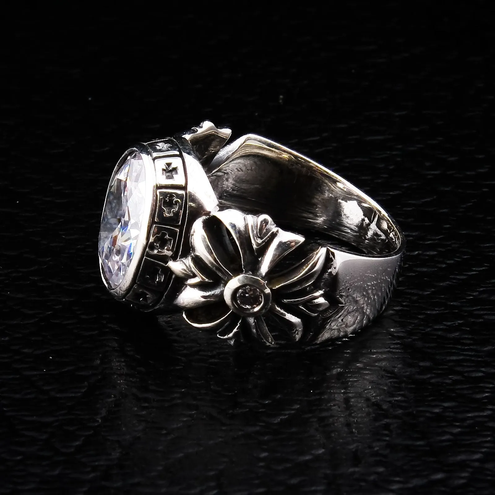 Silver Diamond Cross Biker Ring