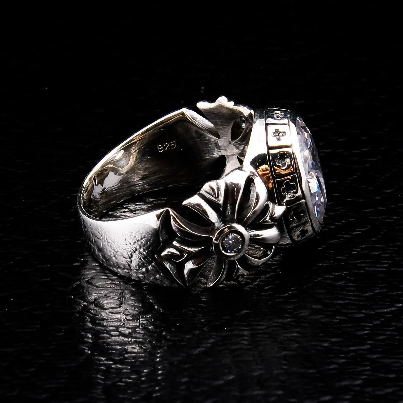 Silver Diamond Cross Biker Ring