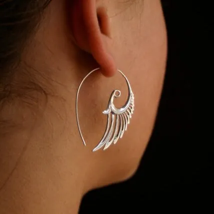 Silver Feather Earrings - Angel Wing Hoops -  Solid Sterling Silver Bird Earrings - Gypsy Tribal Hoops (055S)