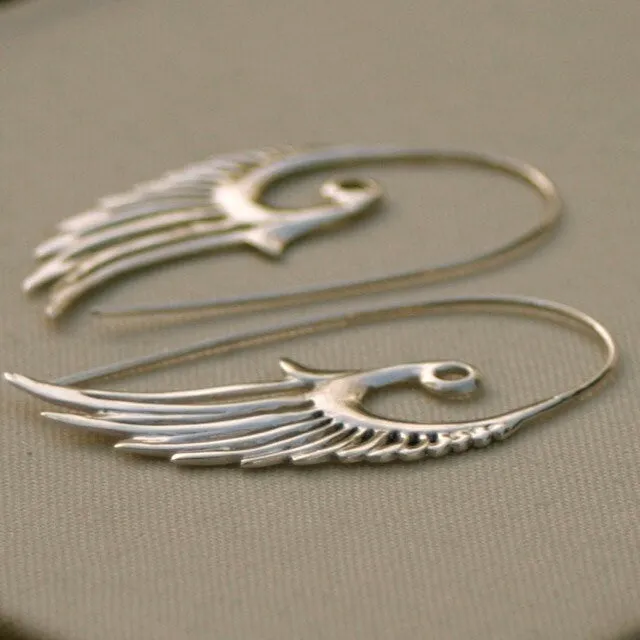Silver Feather Earrings - Angel Wing Hoops -  Solid Sterling Silver Bird Earrings - Gypsy Tribal Hoops (055S)