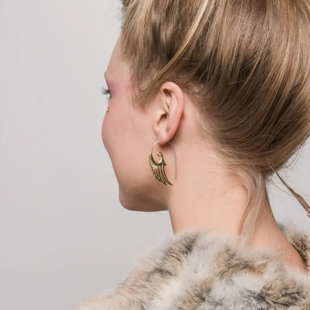 Silver Feather Earrings - Angel Wing Hoops -  Solid Sterling Silver Bird Earrings - Gypsy Tribal Hoops (055S)
