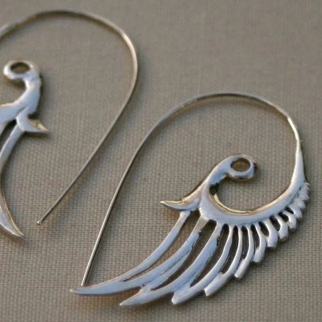 Silver Feather Earrings - Angel Wing Hoops -  Solid Sterling Silver Bird Earrings - Gypsy Tribal Hoops (055S)