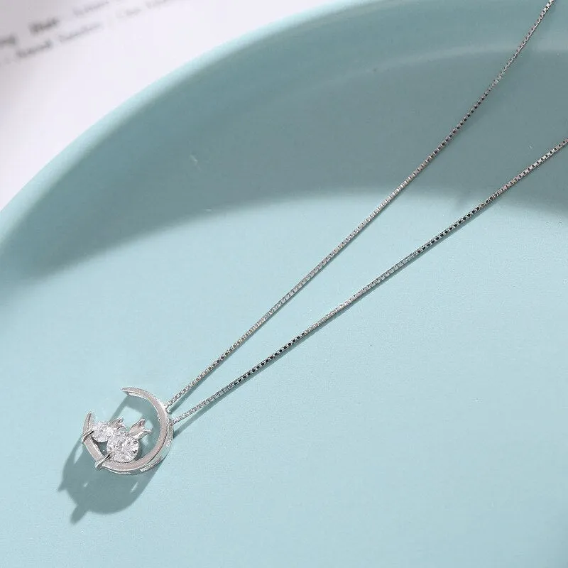 Silver Plated Inlaid Zircon Moon Cat Necklace Simple Temperament Cute