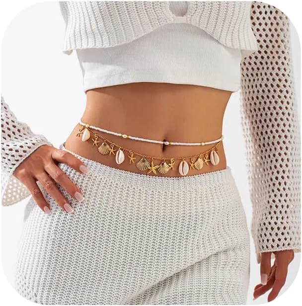 Simple Beaded Waist Chain Jewelry for Women,Summer Beach Gold Starfish Waist Body Chain,Bikini Shell Bead Tassel Belly Body Chain Jewelry