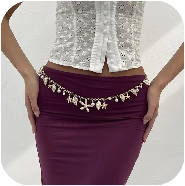 Simple Bikini Beaded Waist Chain Jewelry,Gold Starfish Shell Tassel Belly Body Chains,Summer Beach Pearl Waist Belly Chain for Women