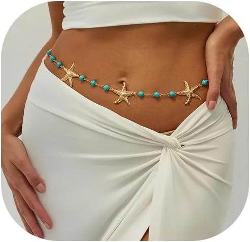 Simple Blue Beaded Waist Chain Jewelry Summer Beach Gold Starfish Pendant Belly Chain Belt Sexy Adjusatble Waist Beads Jewelry for Women