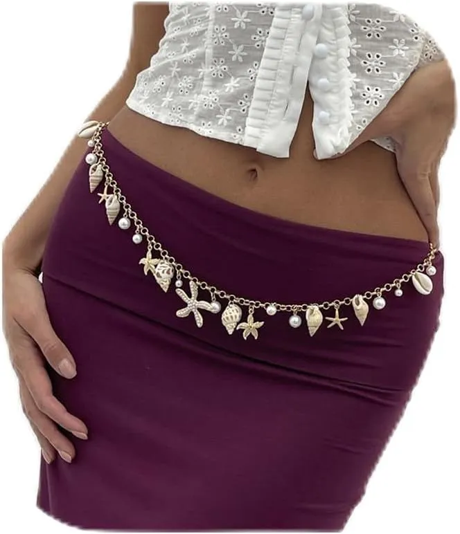 Simple Summer Beach Gold Starfish Shell Tassel Waist Body Chains Jewelry Bikini Beaded Waist Belly Chain Beaded Waist Jewelry for Women