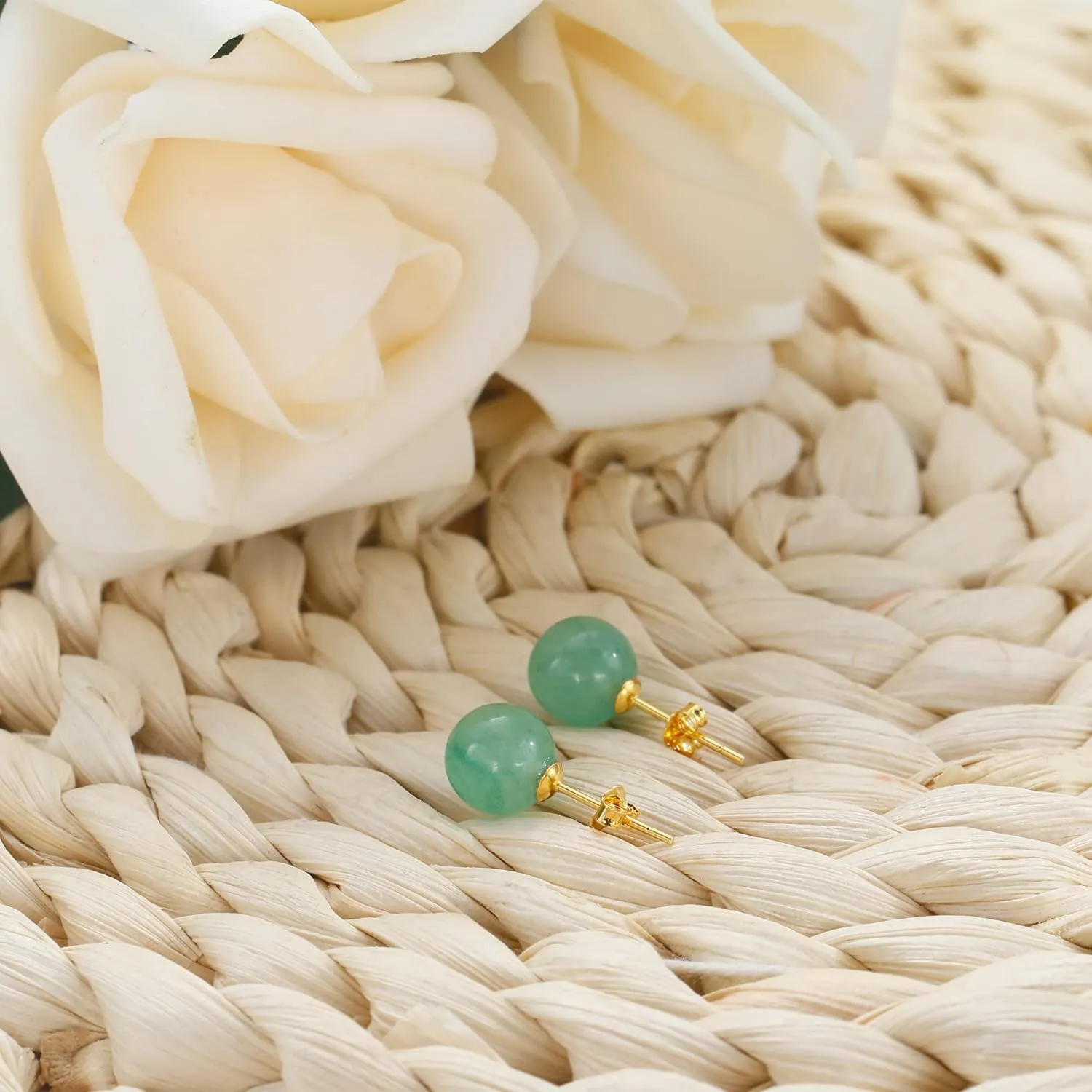 SmileBelle Jade Earrings, 18k Green Earrings for Sensitive Ears, 8mm Green Stud Earrings for Women as Gold Stud Earrings, Natural Jade Earrings Jewelry for Birthday Gifts