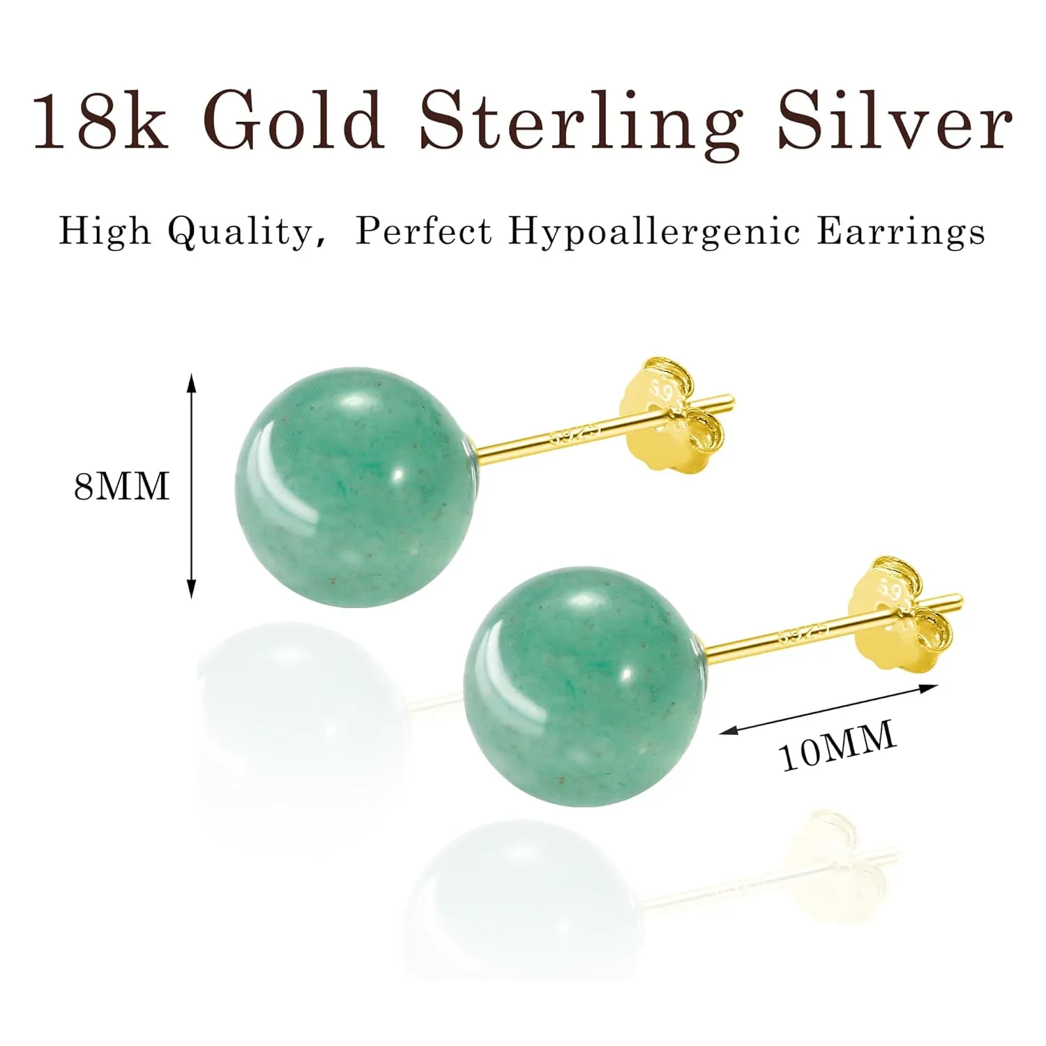 SmileBelle Jade Earrings, 18k Green Earrings for Sensitive Ears, 8mm Green Stud Earrings for Women as Gold Stud Earrings, Natural Jade Earrings Jewelry for Birthday Gifts