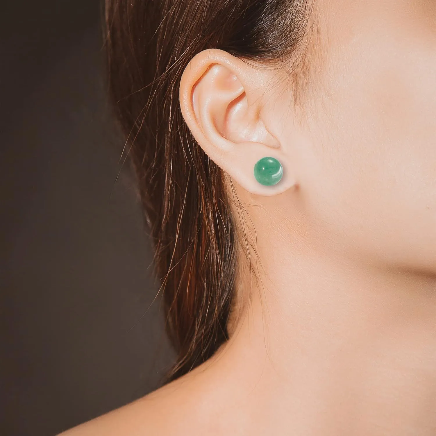 SmileBelle Jade Earrings, 18k Green Earrings for Sensitive Ears, 8mm Green Stud Earrings for Women as Gold Stud Earrings, Natural Jade Earrings Jewelry for Birthday Gifts