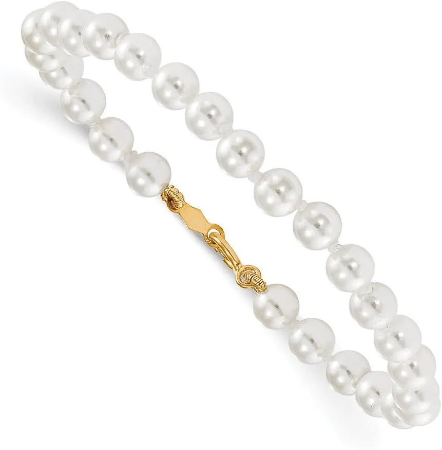 Solid 14k Yellow Gold 4.5mm-5.5mm Imitation Shell Pearl Bracelet 5.25"