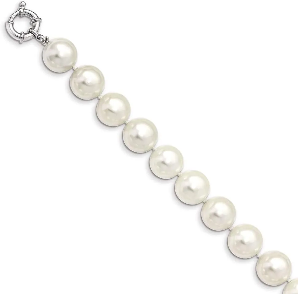 Solid 925 Sterling Silver 14-15mm White Imitation Shell Pearl Hand Knotted Brace 7.5"