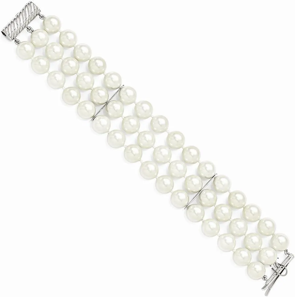 Solid 925 Sterling Silver 3 Row 10-11mm White Imitation Shell Pearl Bracelet 7.5"