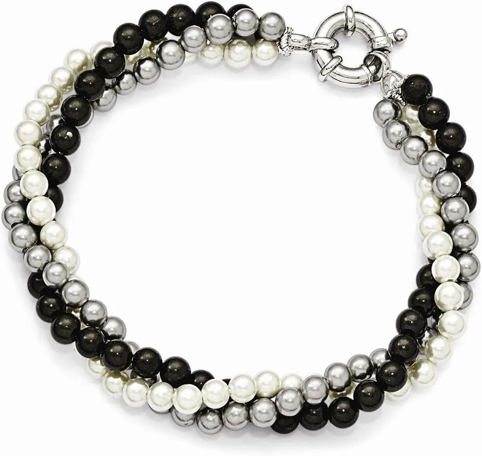Solid 925 Sterling Silver 3 Row 4-5mm White/Grey/Blk Imitation Shell Pearl Brace 7.5"