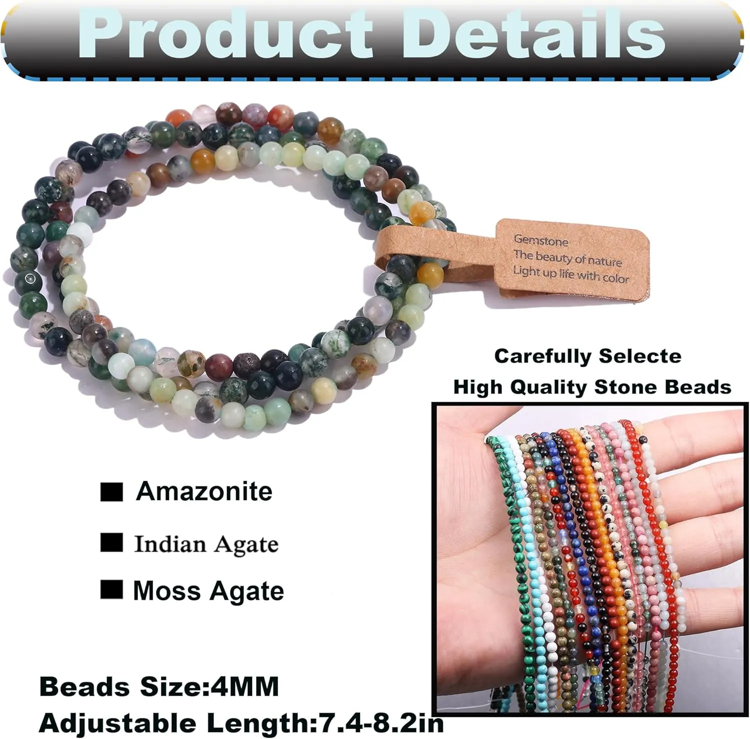 SONNYX 3PCS Crystal Bracelets for Women Men 4mm Semi-Precious Gemstone Beaded Bracelets Round Gemstones Elastic Stretch Bracelet Yoga Bracelets Unisex Jewelry