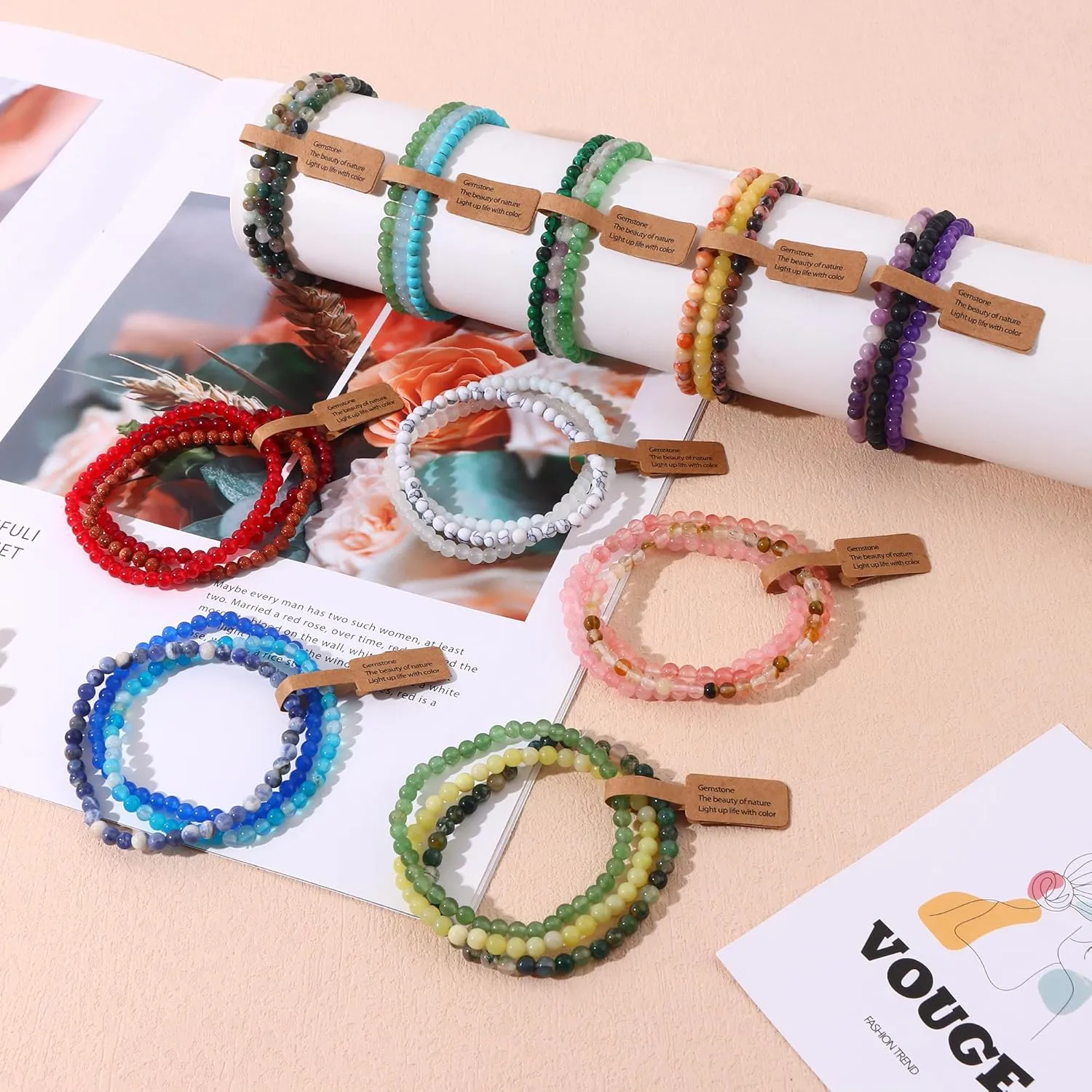 SONNYX 3PCS Crystal Bracelets for Women Men 4mm Semi-Precious Gemstone Beaded Bracelets Round Gemstones Elastic Stretch Bracelet Yoga Bracelets Unisex Jewelry