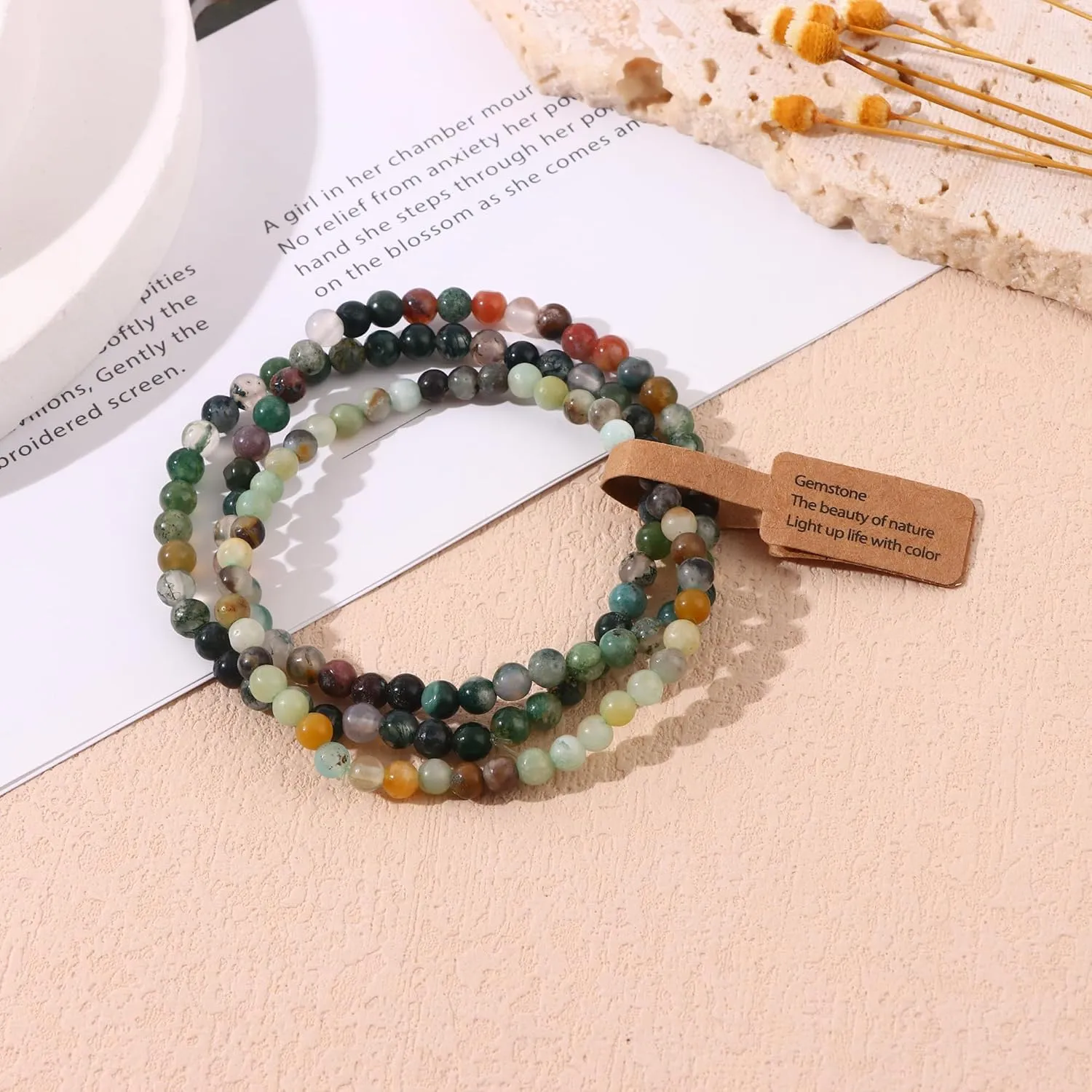SONNYX 3PCS Crystal Bracelets for Women Men 4mm Semi-Precious Gemstone Beaded Bracelets Round Gemstones Elastic Stretch Bracelet Yoga Bracelets Unisex Jewelry