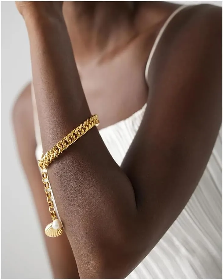 Stainless Steel Chain Bangle Bracelet Beach Shell Natural Pearl Bracelet Metal 18 K Jewelry  Party Gift A