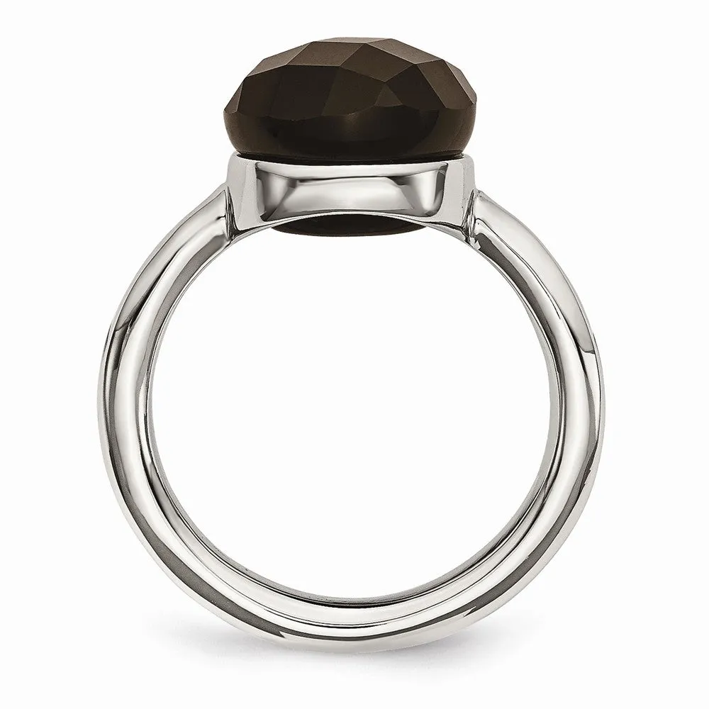 Stainless Steel Polished Dark Brown Glass Ring