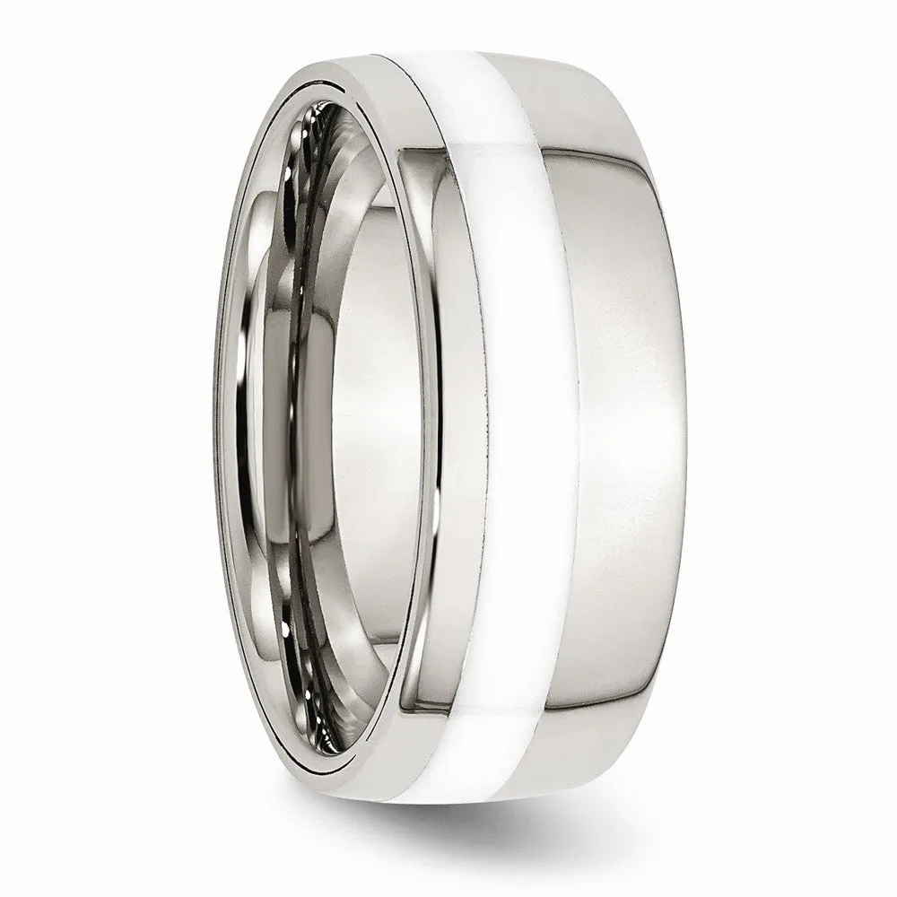 Stainless Steel Polished White Ceramic Inlay 9.00mm Band