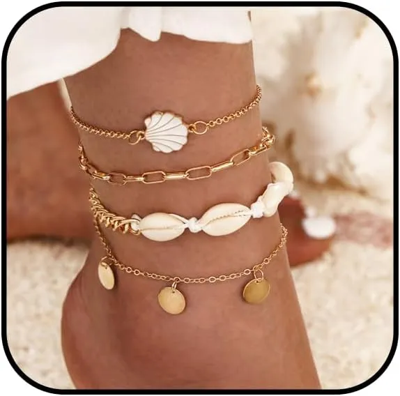 Starfish Anklet Bracelet for Women Stackable Puka Shell Anklet Starfish Ankle Bracelets Adjustable Shell Chain Ankelet Boho Seashell Beaded Anklet Waterproof Beach Foot Jewelry