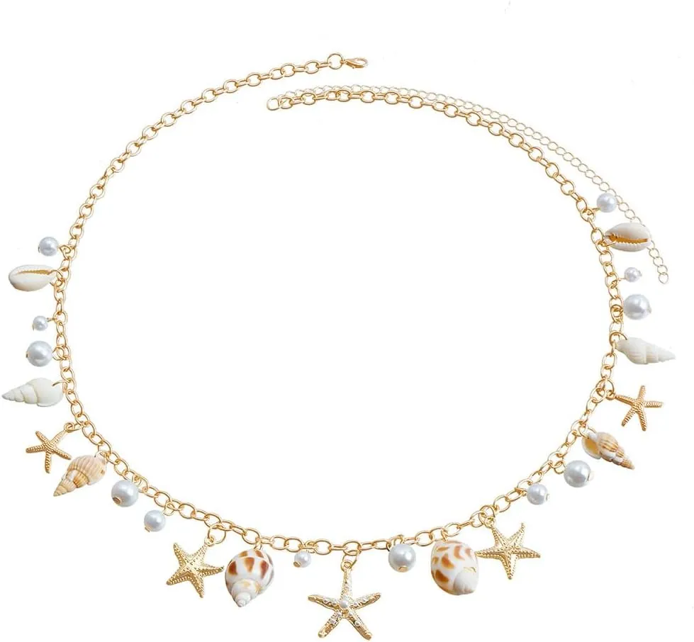 Starfish Seashell Waist Chain Summer Waist Bikini Chain for Women Faux Pearl Sea Animal Belly Chain Gold/Silver Shell Body Chains for Women Sexy Summer Beach Body Jewelry