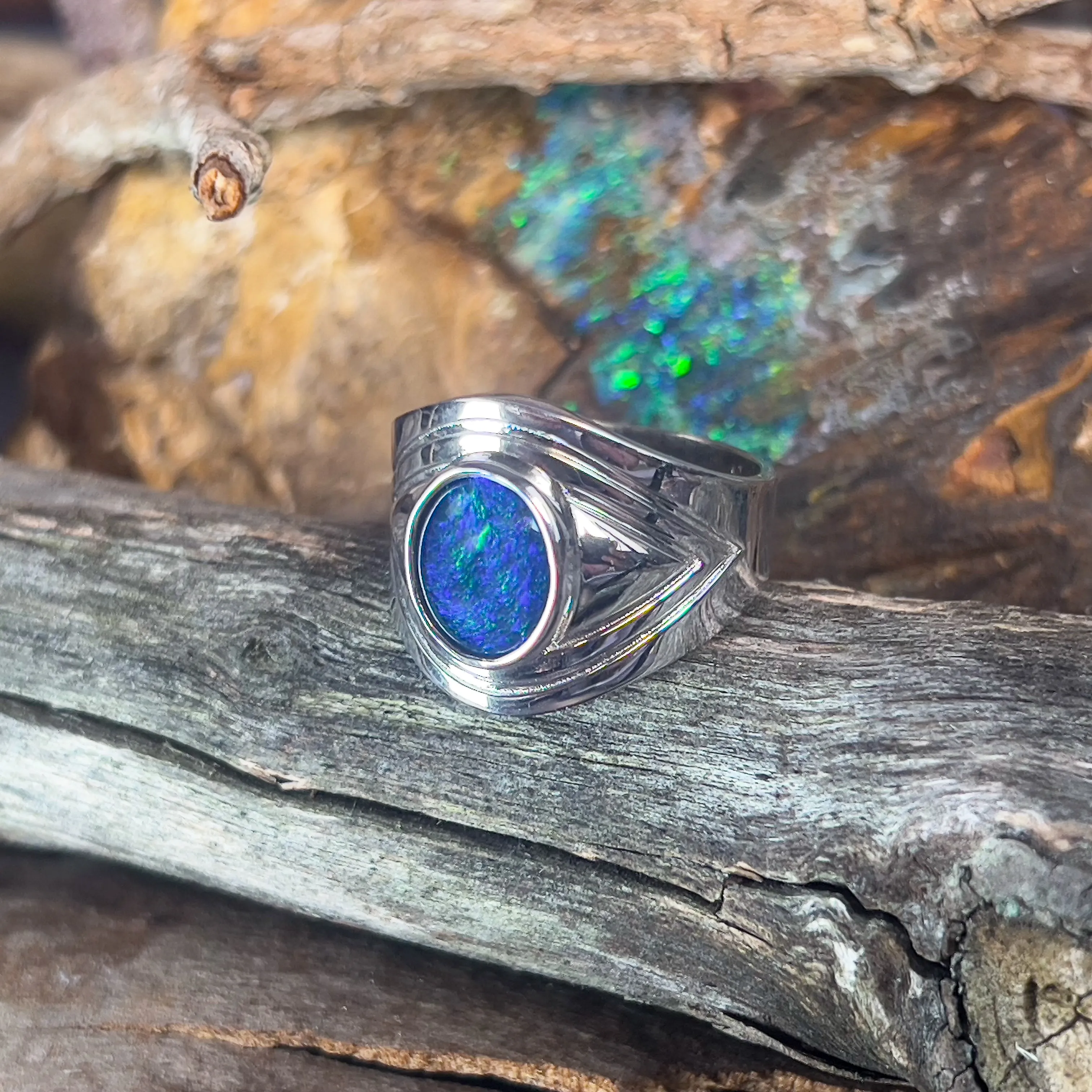 Sterling Silver Gents broad shaped ring with 11x9mm Opal Triplet bezel