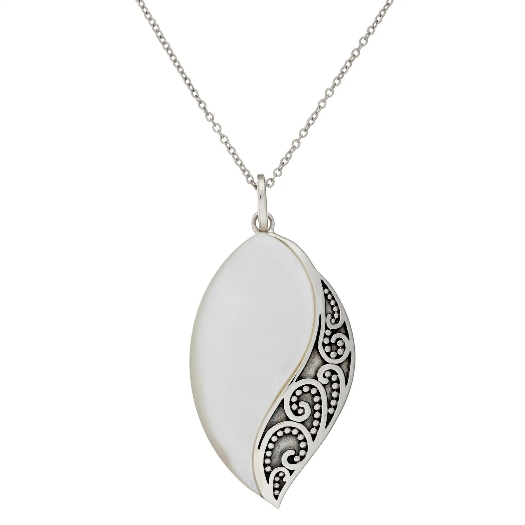 Sterling Silver Mother of Pearl Filigree Teardrop Pendant Necklace