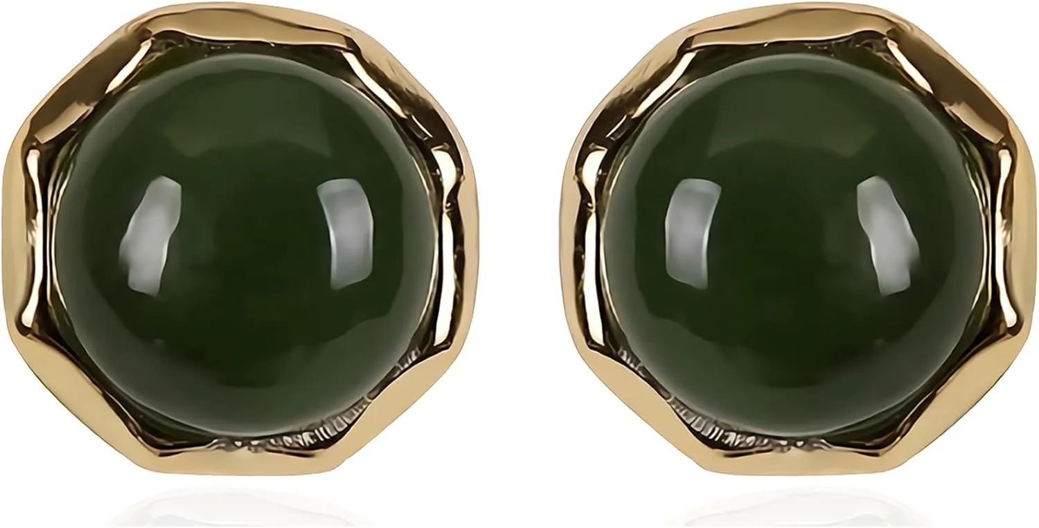 Sterling Silver Stud Earrings for Women | Green Jade Earrings Studs Genuine | Hypoallergenic Gold Plated Stud Earrings For Men (6mm)