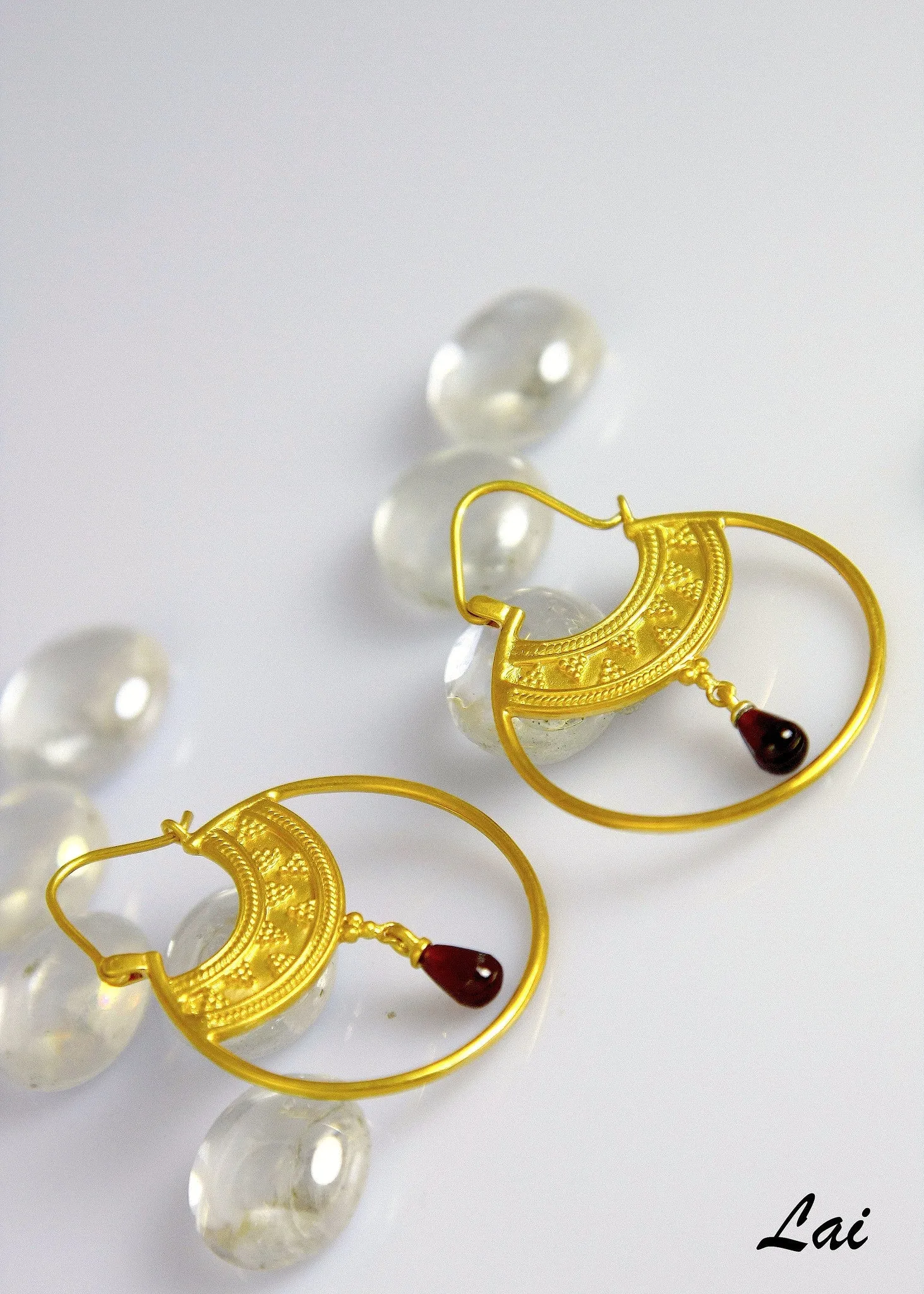 Stunning, Hellenic, gold-plated hoops with a gemstone drop