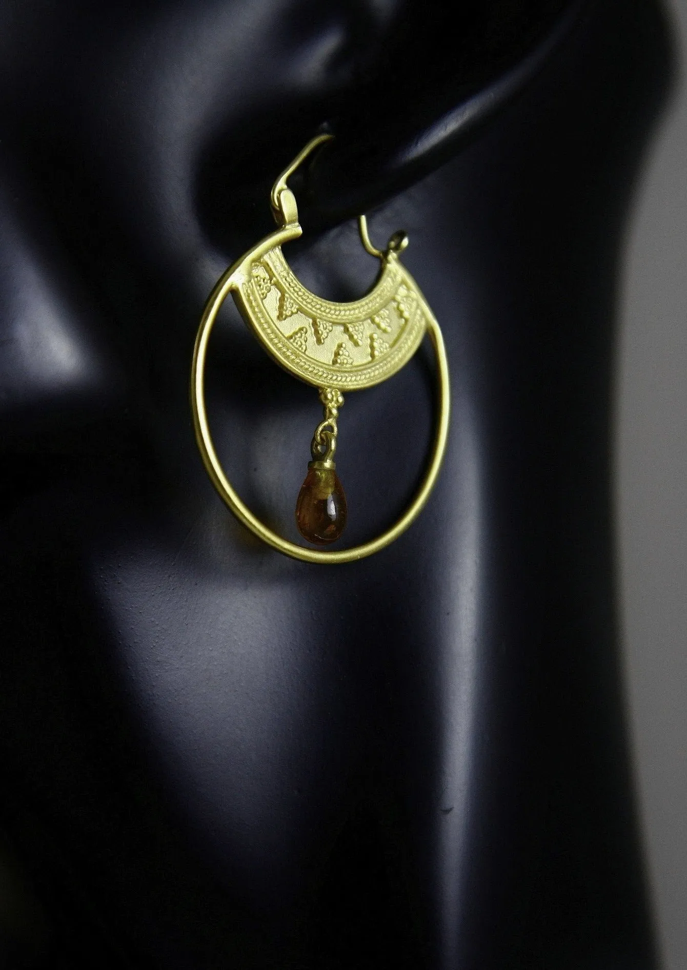 Stunning, Hellenic, gold-plated hoops with a gemstone drop
