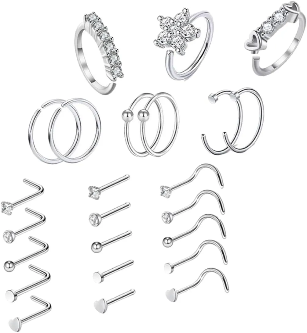 Stunning Silver Nose Ring Hoop 24pcs Nose Studs Set Nose Piercing Jewelry for Women Chic Zircon Decor Nose Rings