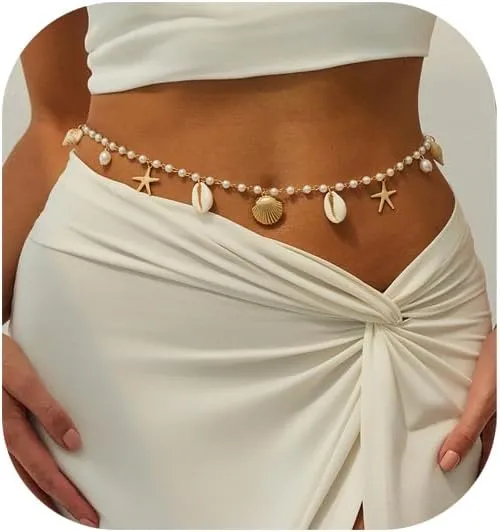 Summer Beach Boho Gold Starfish Shell Pendant Waist Chains Jewelry Bikini Simple Pearl Beaded Belly Chain Wedding Pearl Waist Jewelry for Women