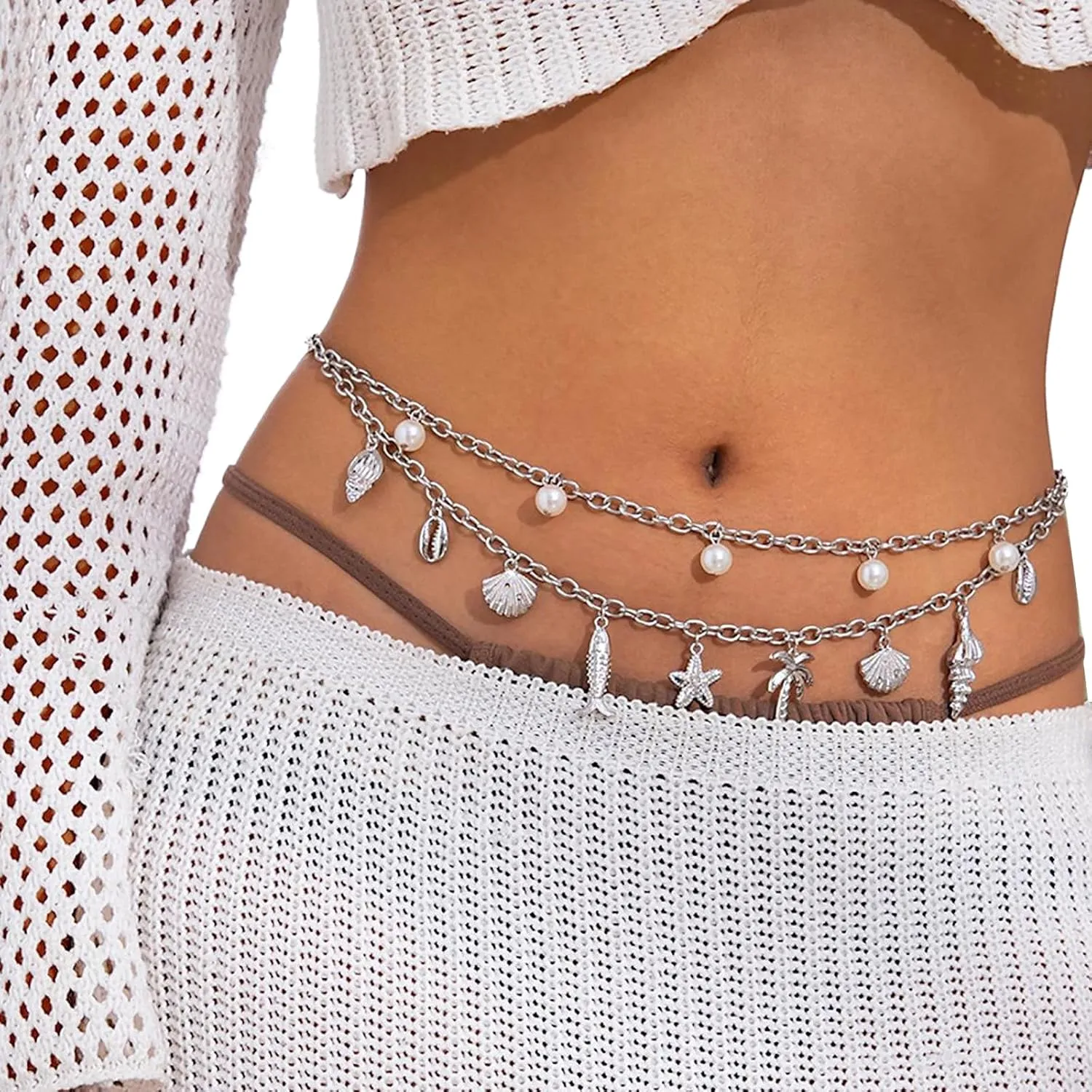 Summer Beach Oceans Style Waist Chain Jewelry Layered Starfish Shell Tassel Belly Chains Belt Bikini Pearl Waist Body Jewelry for Women