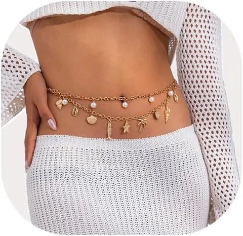 Summer Beach Oceans Style Waist Chain Jewelry Layered Starfish Shell Tassel Belly Chains Belt Bikini Pearl Waist Body Jewelry for Women