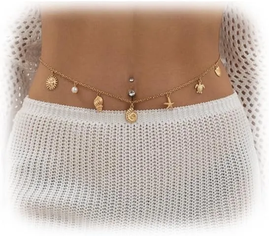 Summer Beach Pearl Pendant Belly Waist Chain Bikini Starfish Shell Tassel Waist Body Chain Sexy Pearl Belly Body Chain Jewelry for Women