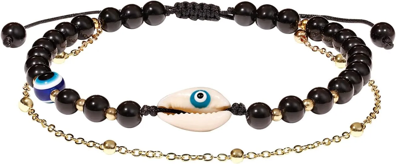 Summer Beach Shell Anklet Jewelry Protection Evil Eye Beaded Obsidian Ankle Bracelets for Women Layered 14k Gold Plated Foot Chain 6mm