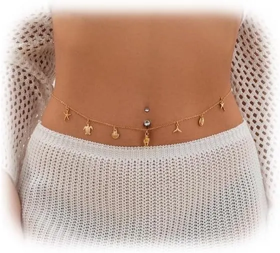 Summer Beach Starfish Pendant Belly Waist Chain Jewelry Bikini Starfish Shell Tassel Waist Body Chain Sexy Boho Belly Body Chain Jewelry for Women