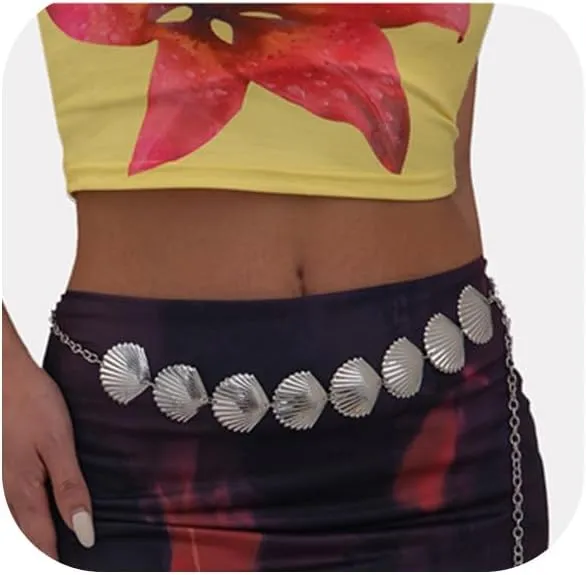 Summer Big Shell Waist Chain Belt Festival Rave Waist Body Chain Long Metal Link Belly Chain Belt Beach Body Jewelry for Women