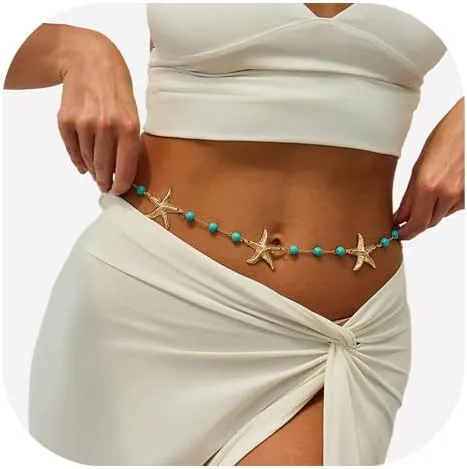 Summer Gold Starfish Pendant Waist Chains Belt Bikini Blue Beads Belly Body Chain Jewelry Summer Beach Waist Body Jewelry for Women