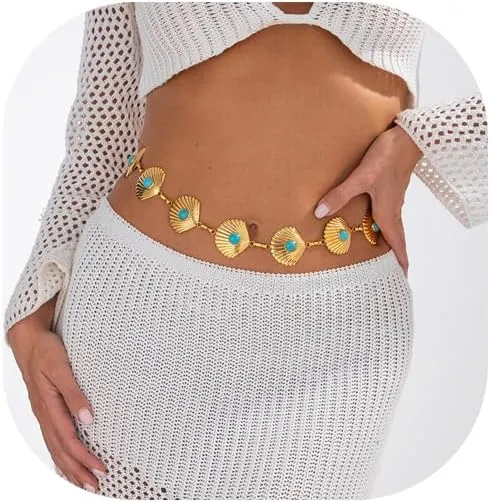 Summer Ocean Shell Waist Chain Belt Jewelry Bikini Beach Blue Bead Waist Body Chain Adjustable Metal Link Belly Belt for Women